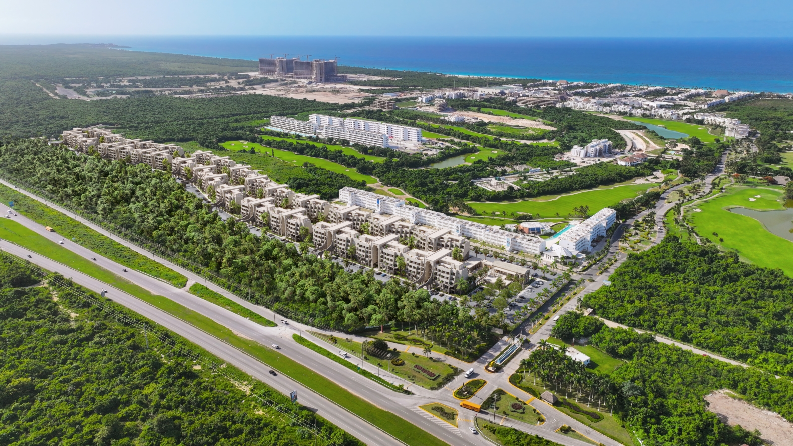 Aerial view of Poseidonia Residences within Cana Bay