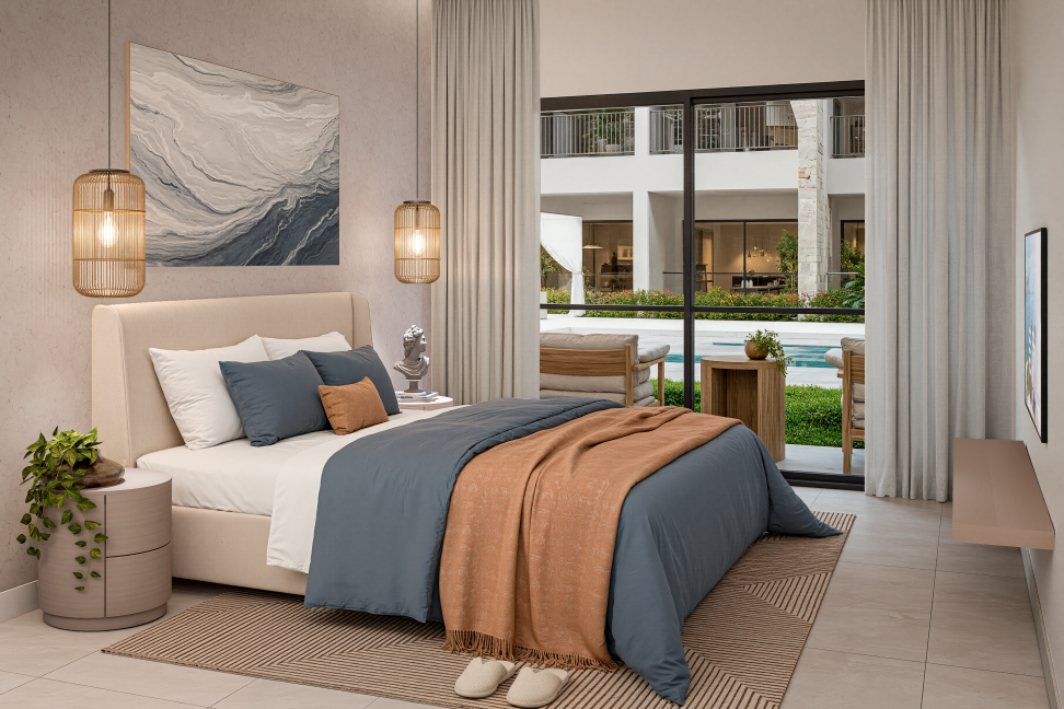 Primary bedroom at Poseidonia Residences
