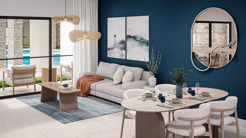Living and dining area at Poseidonia Residences