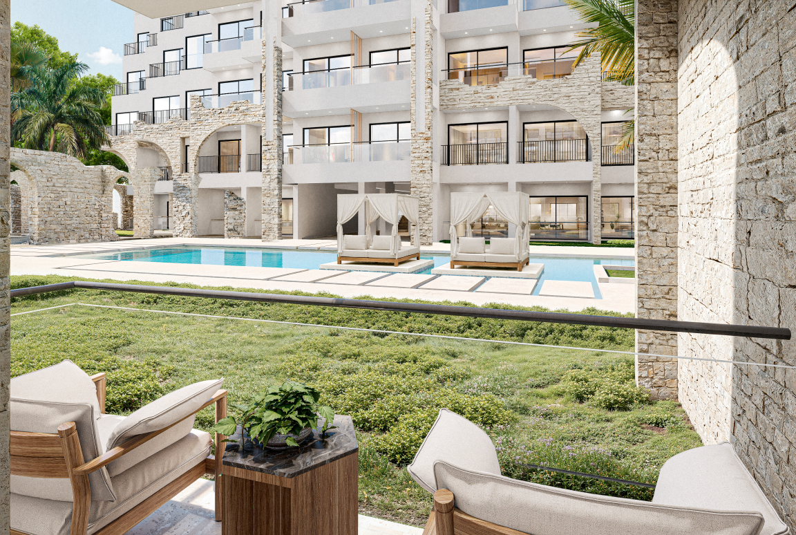 Terrace overlooking the pool at Poseidonia Residences