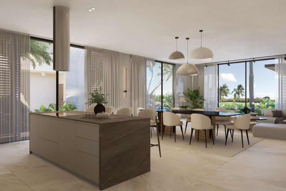 Cocina abierta y comedor con vistas al jardín
